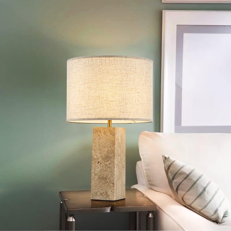 1-Light 22'' Modern Coastal Natural Rectangular Travetine Table Lamp With Beige Linen Shade For Bedroom and Living Room - W14''