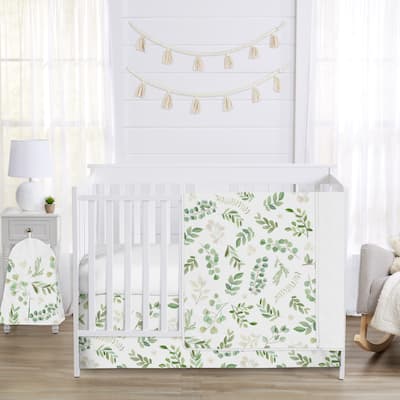 Floral Leaf Collection Girl 4pc Nursery Crib Bedding Set - Green White Boho Watercolor Botanical Woodland Tropical Garden