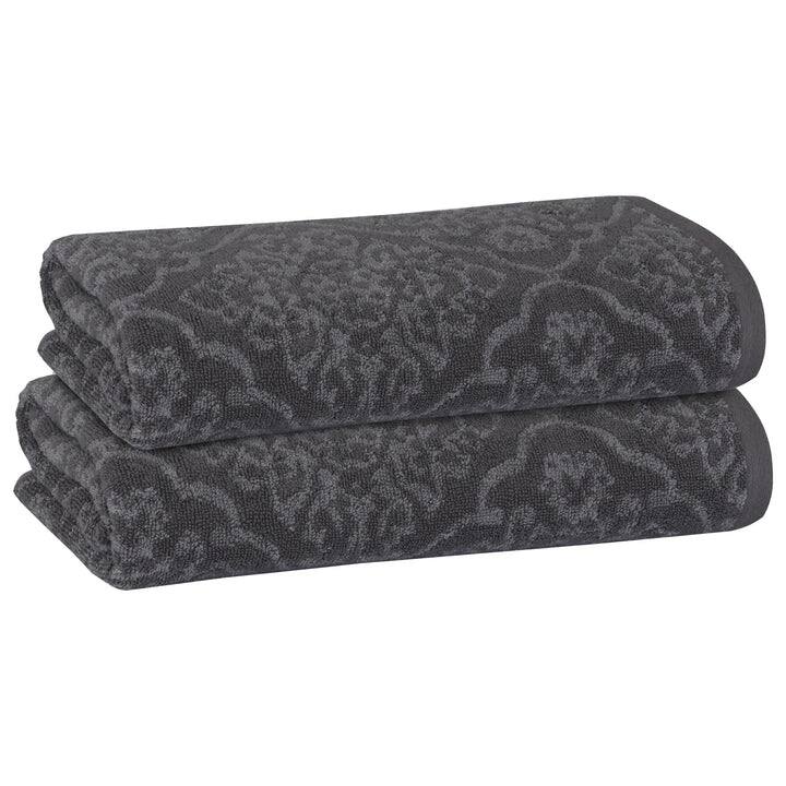 PREMIUS 2 Pack Damask 100% Cotton Yarn Dyed Hand Towel, 16x28 Inches - 16x28 Inches - Grey