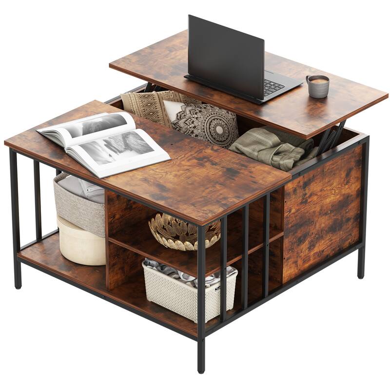 Rustic Lift-Top Coffee Table‌ – 31.5" Adjustable Height With Hidden Storage & 3 Shelves, 110Lb Capacity, Easy-Clean Surface .