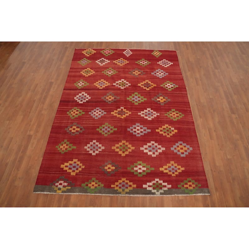 Hand Woven Oriental 100% Wool Carpet Southwestern Tribal Red Kilim Area Rug - 8' 8'' X 6' 5''