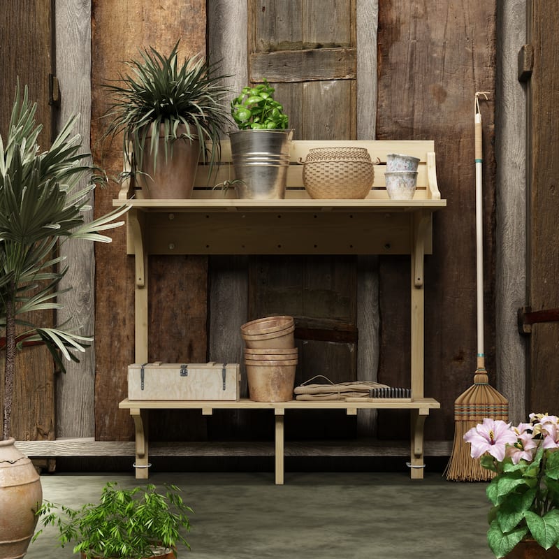 Fir Wood Garden Potting Table with Two Shelves