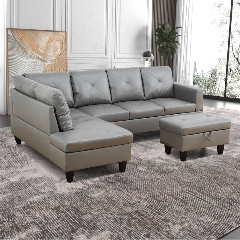 L-Shaped PU Leather Sofa & Chaise with Ottoman
