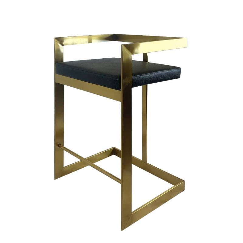 26" Black And Gold Faux Leather And Stainless Steel Low Back Counter Height Bar Chair