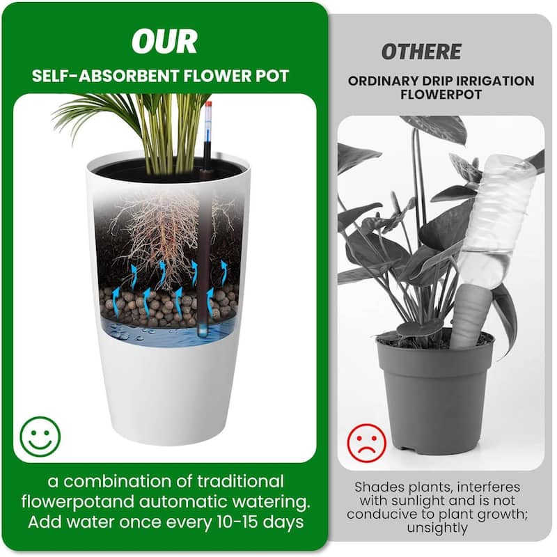 Set of 2 Tall 21.7" Self-Watering Planters, Flower Pots for Porch, Patio, Backyard