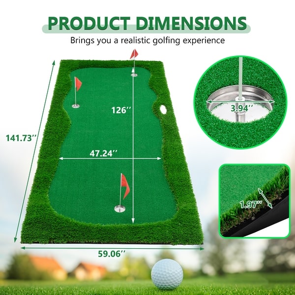 dimension image slide 1 of 2, Green Golf Putting, Golf Training Mat with High-quality Turf, 3 Holes, 3 Flags and Cups for Indoor & Outdoor