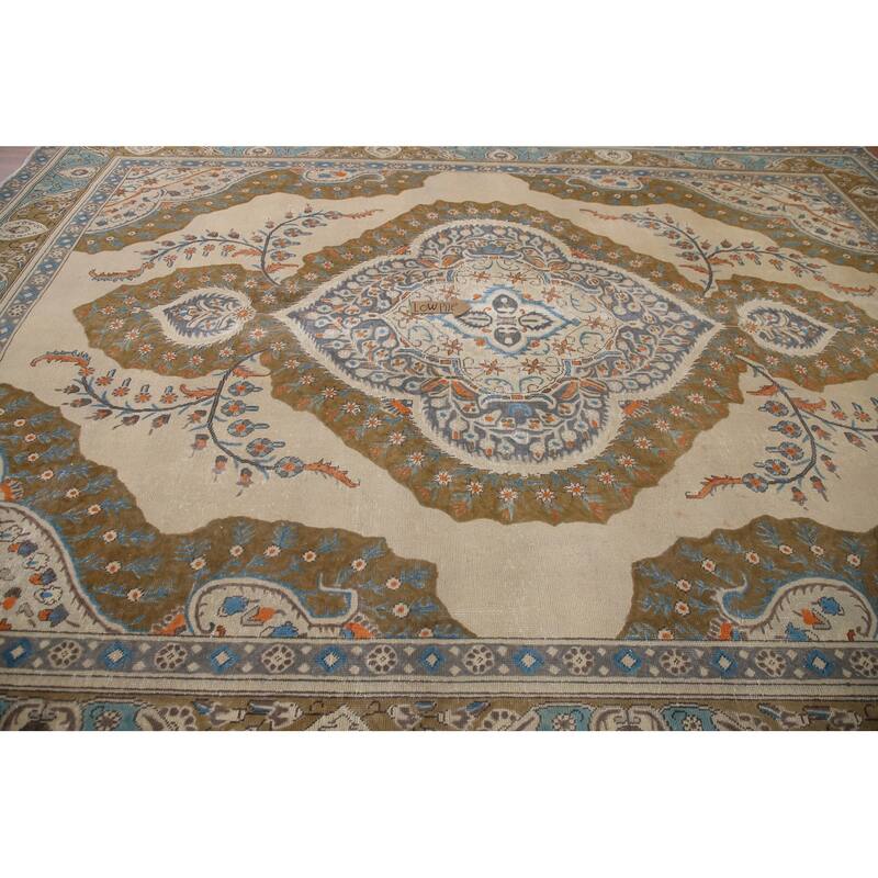 Hand Knotted Oriental 100% Wool Carpet Traditional Medallion Beige & Ivories Tabriz Area Rug - 12' 8'' X 9' 4''