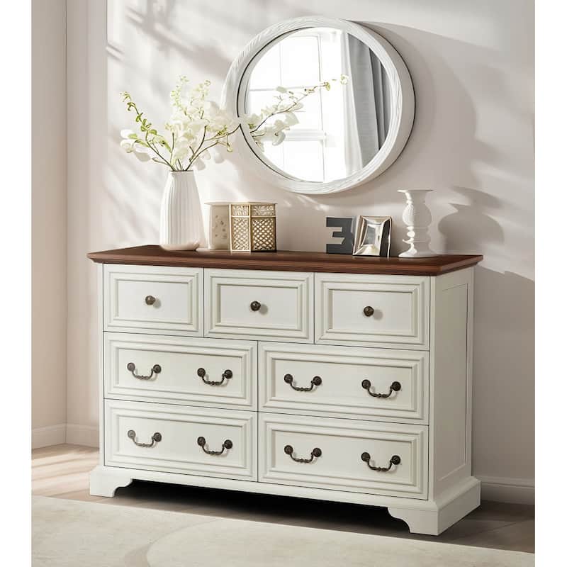 Anmytek Rustic Farmhouse 7-Drawer Dresser - Antique White Vintage Storage Organizer