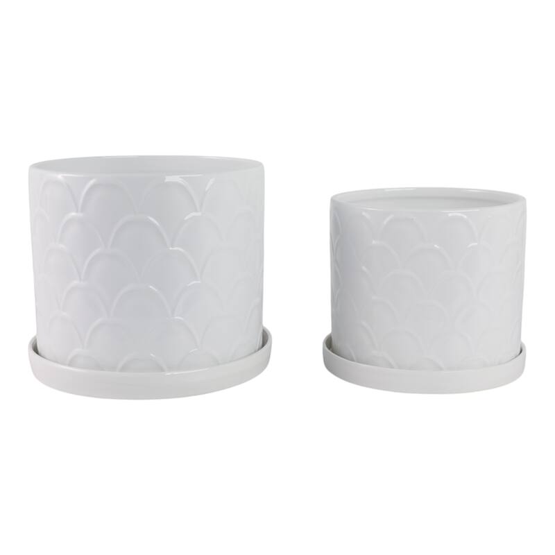 Ceramic Scallop Embossed Planters - Set of 2, 12",10", White - 11.75"