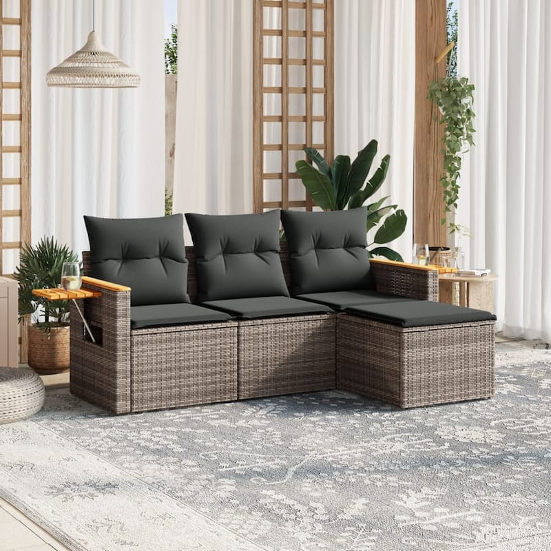 vidaXL Patio Sofa Set with Cushions Outdoor Furniture 4 Piece Poly Rattan - Grey - 21.7 x 21.7 x 14.6 in