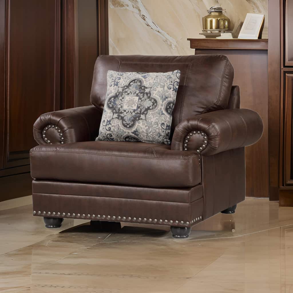 Jade 41 Inch Accent Chair, Rich Brown Microfiber, 1 Decor Pillow, Wood