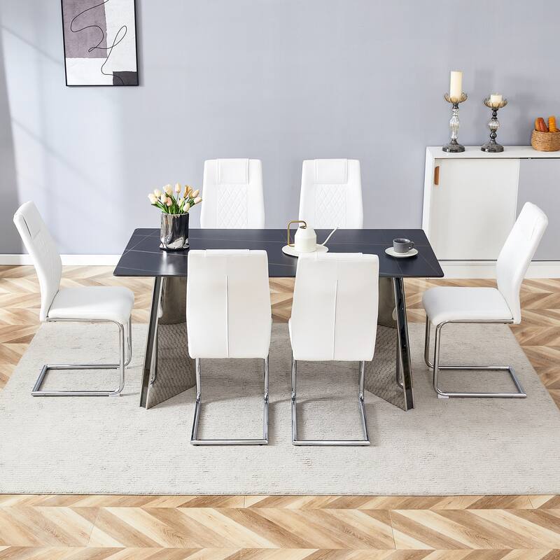 Roomfitters 5/7pcs Marble Pattern Dining Table Set with Stainless Butterfly Legs and PU Upholstered Chairs, White