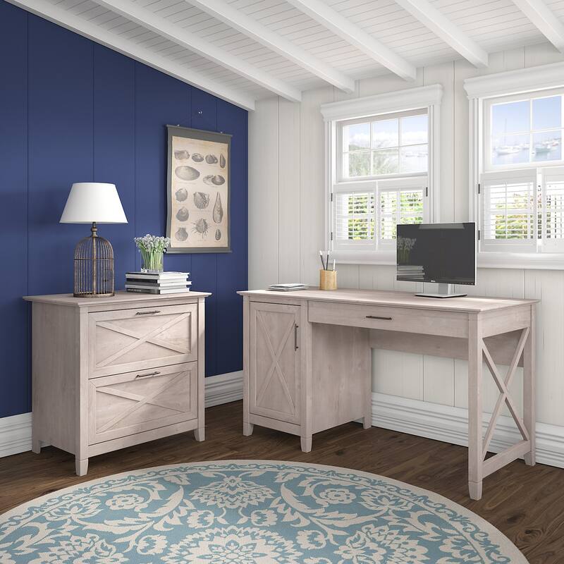 Key West 54W Computer Desk with Storage and Cabinet by Bush Furniture - Washed Gray