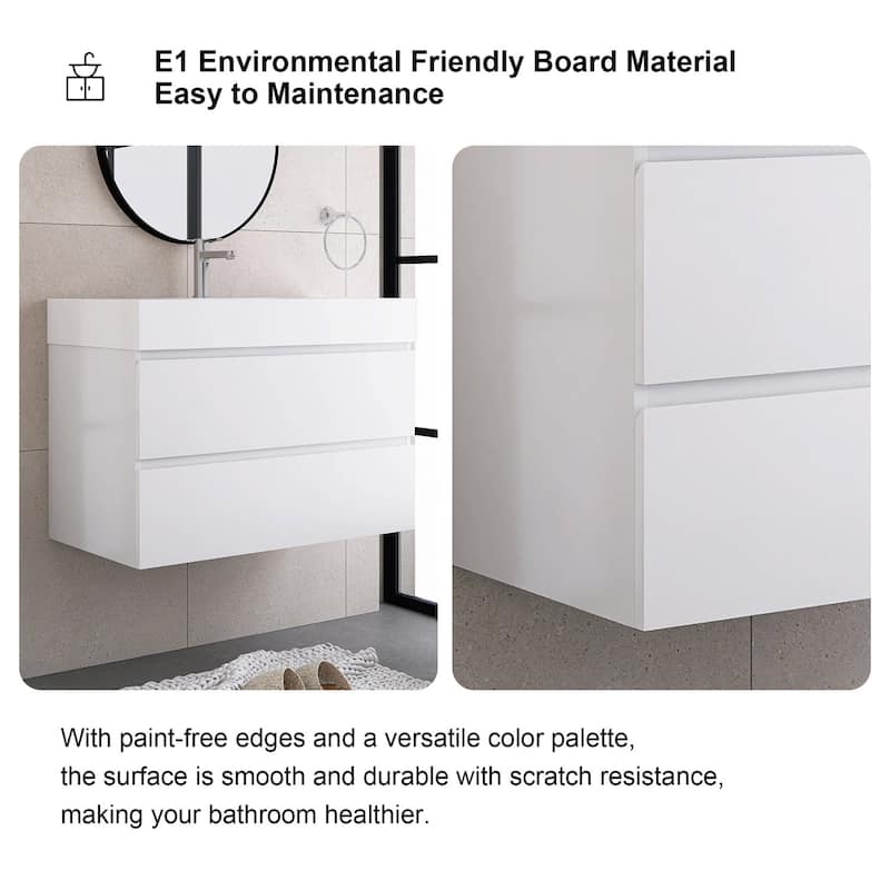 Wood Wall-Mounted Bathroom Vanity Set with White Integrated Resin Sink