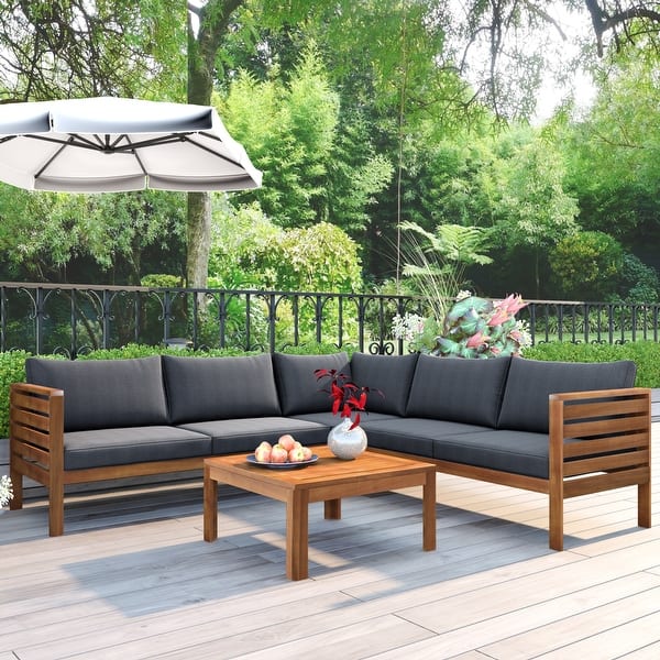 l shaped patio furniture umbrella Grey and Blue Outdoor Sectional 7pc - FINAL SALE ITEM day sun protection. 9ft Black Square Patio Umbrella