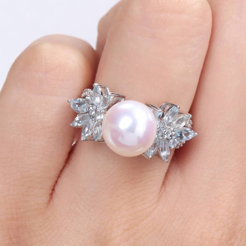 Miadora 9-9.5mm Cultured Freshwater Pearl and 3/5ct TGW Aquamarine and 1/8ct TW Diamond Flower Ring in 14k White Gold