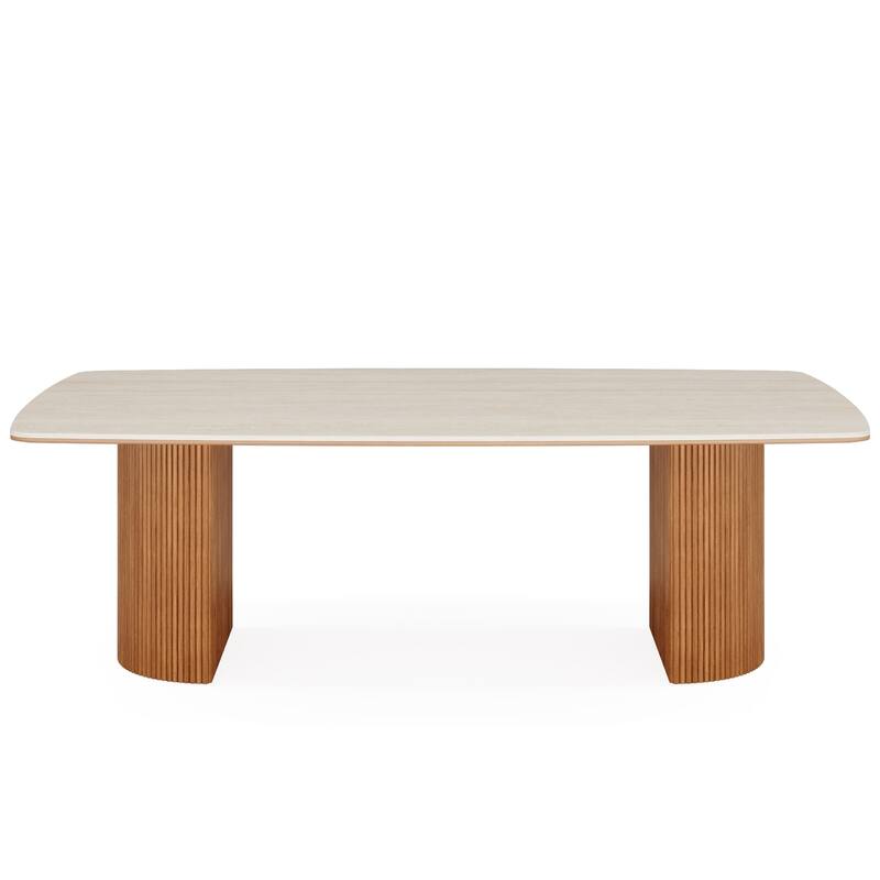 78.74" Travertine Slab Dining Table, Modern Horse Belly Dining Table