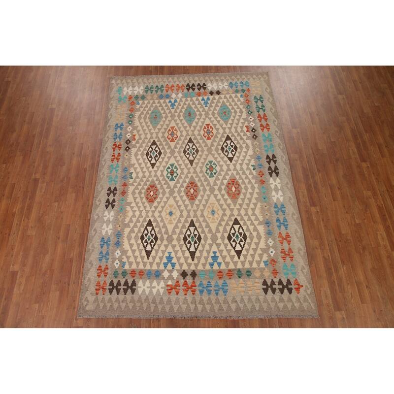 Hand Woven Oriental 100% Wool Carpet Southwestern All-Over Beige & Ivories Kilim Area Rug - 9' 7'' X 6' 9''
