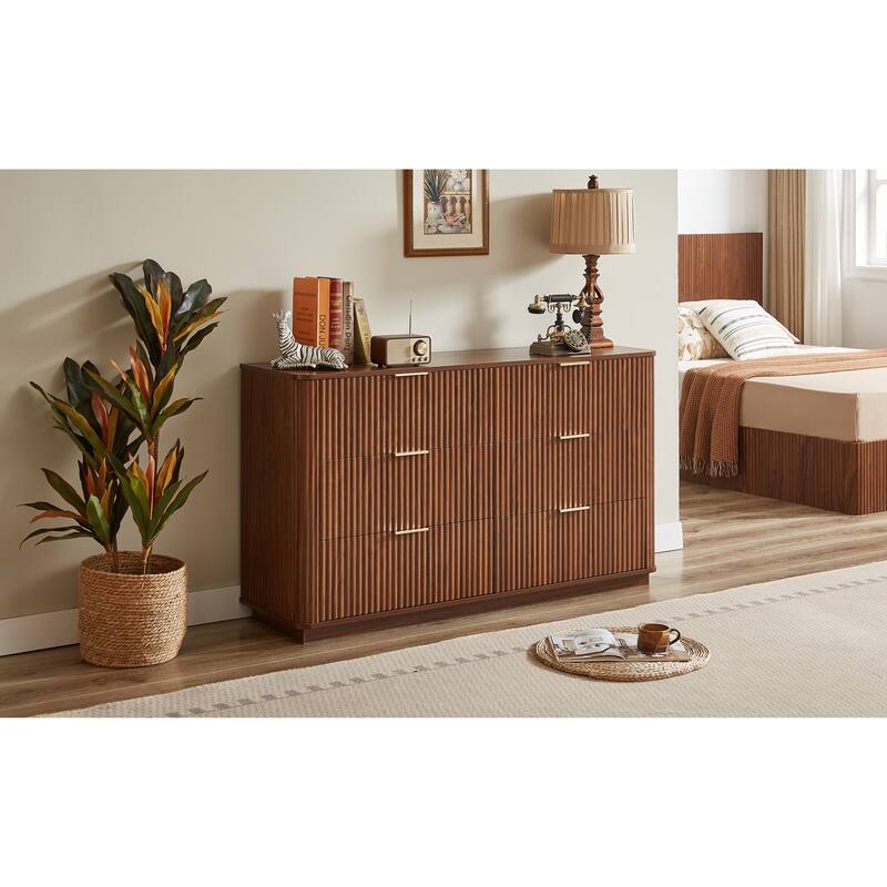 6 Drawers Dresser, 55" Wide Chest of Drawers, Curved Wave Design TV Stand for Bedroom Living Room Hallway