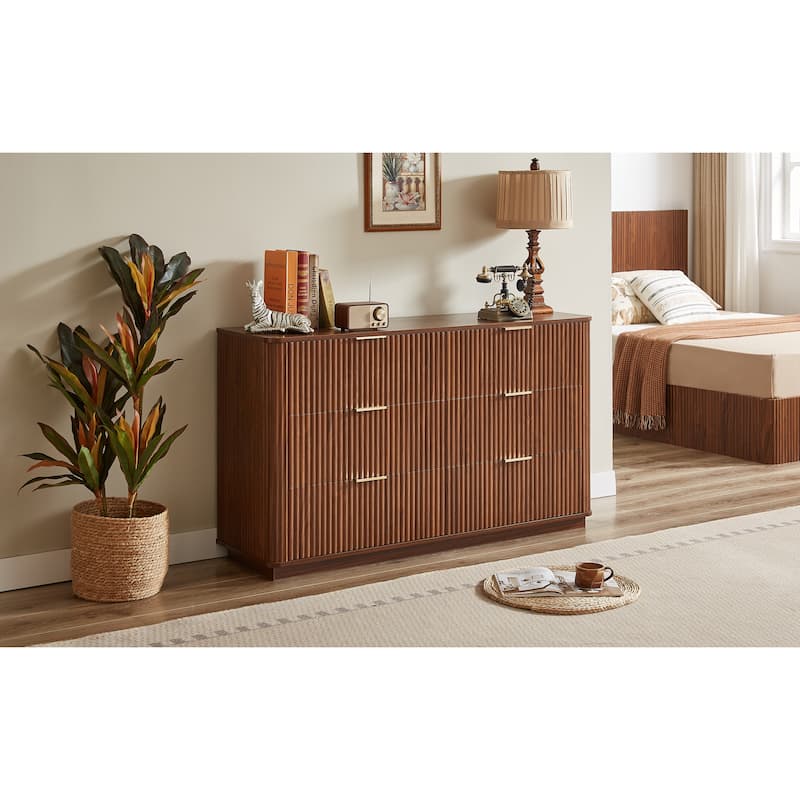 Fluted Dresser with 6 Drawers, Curved Wooden Storage Dressers TV Stand, Multi-functional Closet Clothes Storage Organizer