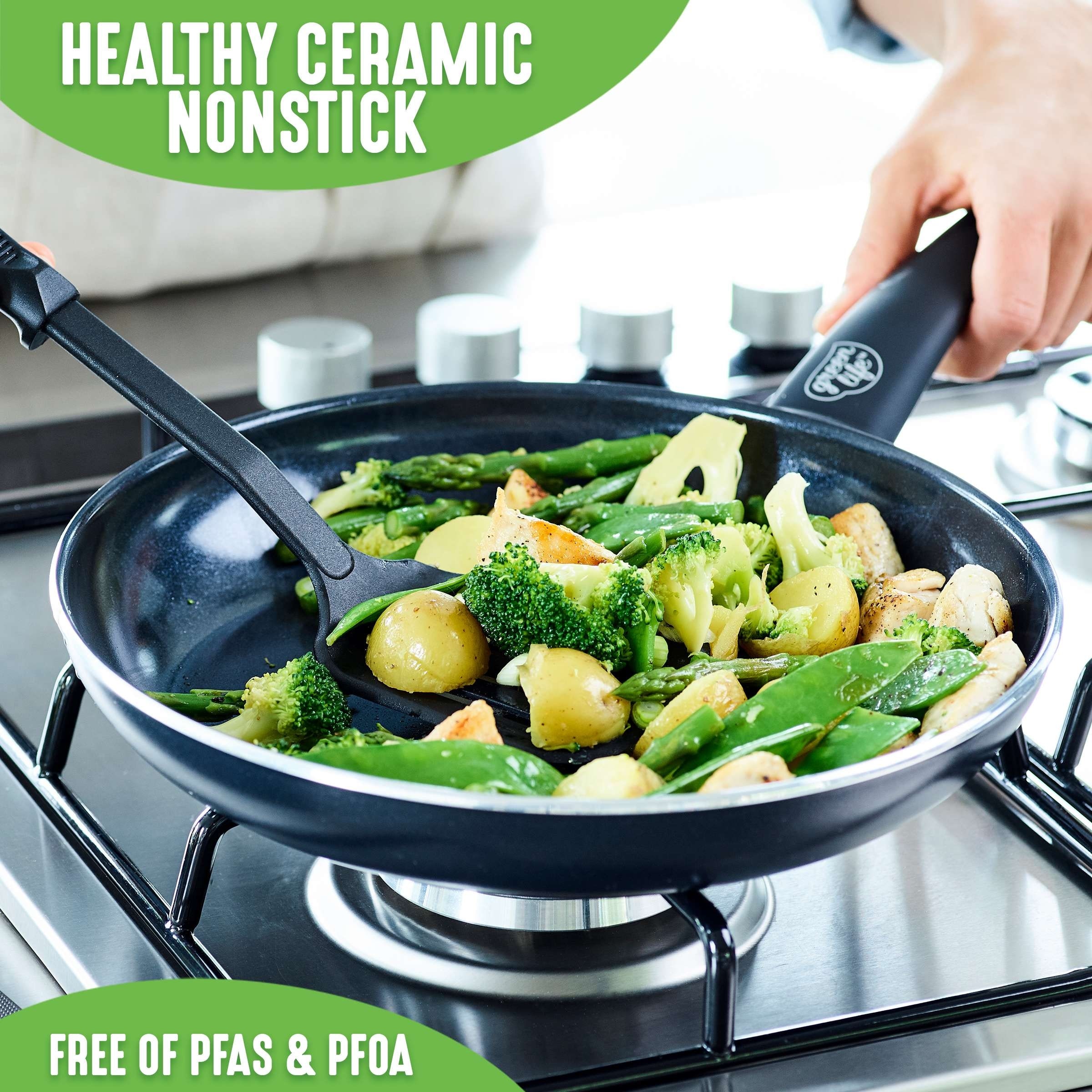 GreenLife Soft Grip Healthy Ceramic Nonstick 12 Piece Cookware Pots and  Pans Set, PFAS-Free, Dishwasher Safe, Yellow