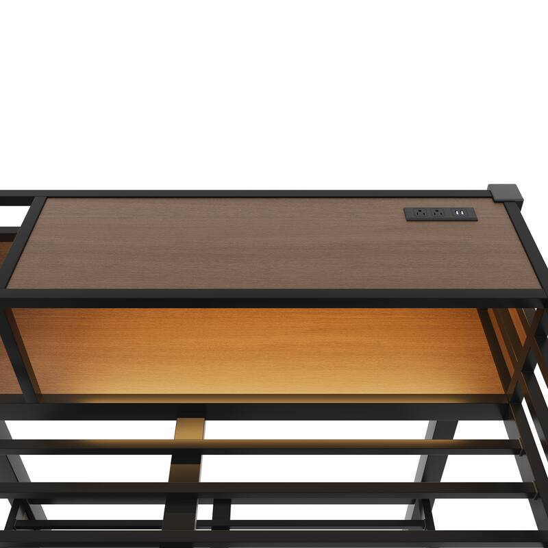 Full/Twin Metal Bunk Bed with Storage Shelves & USB Ports