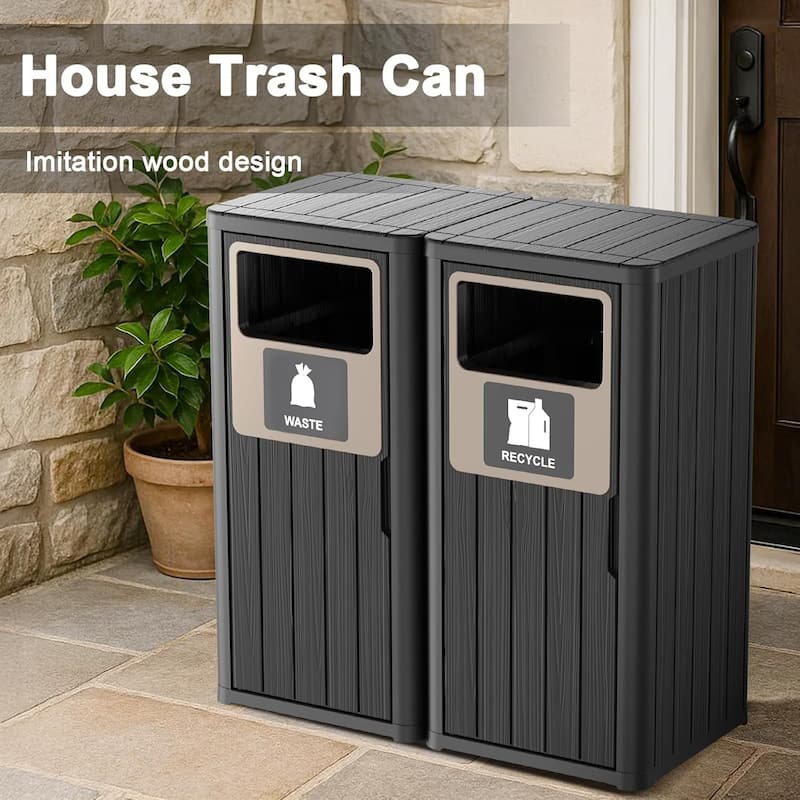 Outdoor Double Barrel Trash Can,Waterproof Resin Garbage Can with Garbage Labels,Durable Waste Bin for Porch, Kitchen