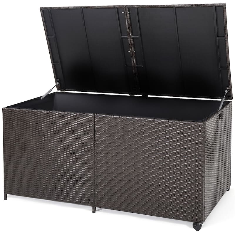 Gymax Patio 175 Gallon Rattan Wicker Storage Deck Box Container Wheels