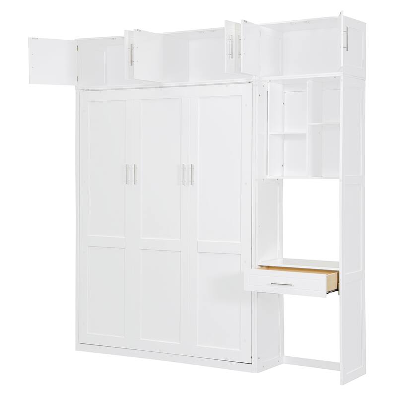 White Full Size Murphy Bed with Built-In Desk, Storage Shelves, and Top Cabinets, Space-Saving Design