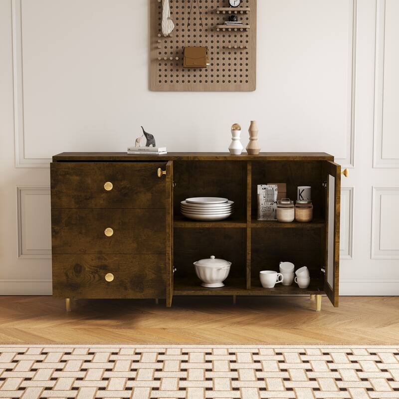 Freestanding Buffet Cabinet with Shelves and Drawers, Elegant Sideboard Cabinet Accent Cabinet with Carved Glass Doors