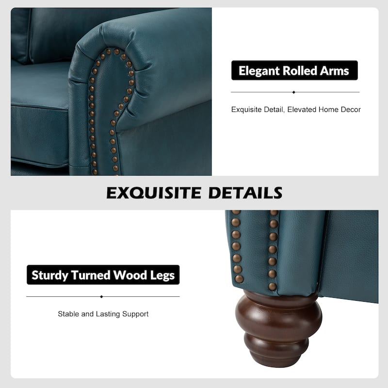 Balvino 81" Wide Transitional Genuine Leather Rolled Arm Sofa with Nailhead Trim and Removable Cushions