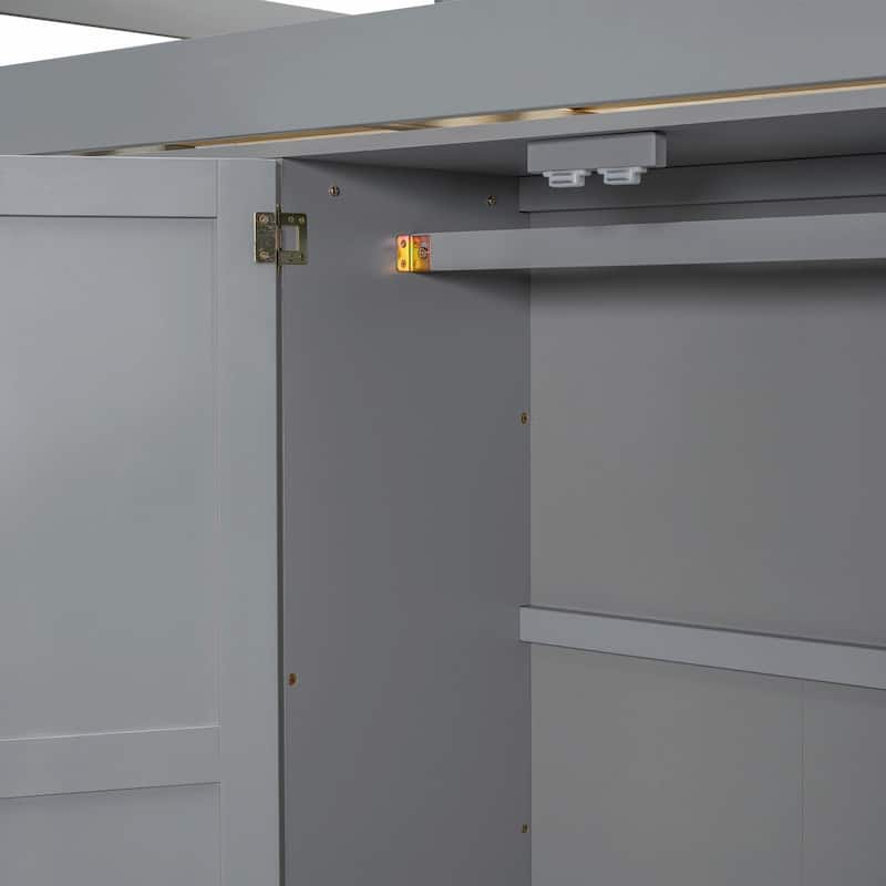 Full Size Loft Bed with Wardrobe, Desk, Storage Shelves, and Drawers
