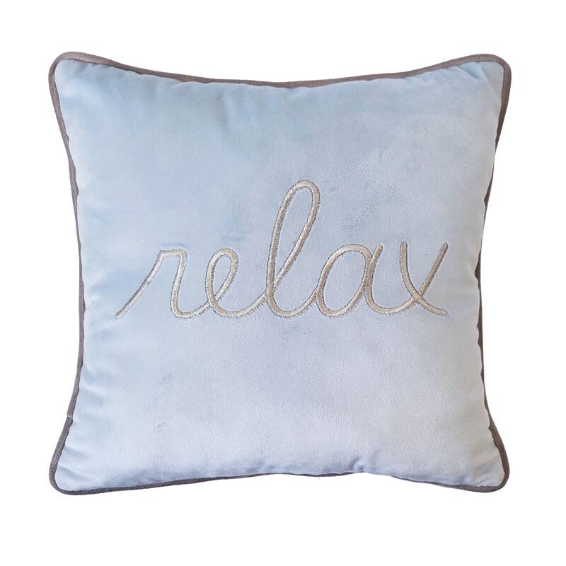 Edie At Home 'Relax' Embroidered Typography Decorative Pillow 12x12 Blue/Grey - Polyester - Specialty - Blue - Accent