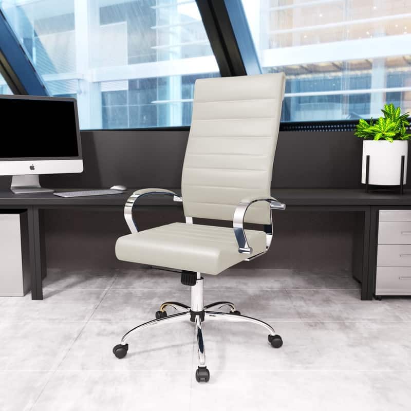 Benmar High-Back Leather Office Desk Chair in Stainless Steel Frame Adjustable Height Tilt Lock 360 Swivel Ergonomic Chair