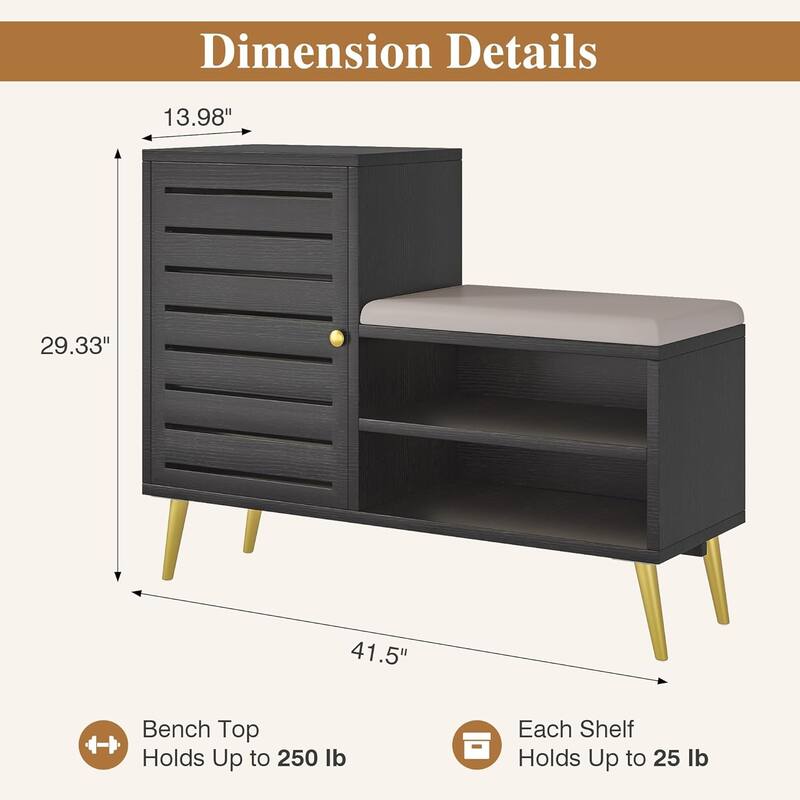 VECELO L-Shaped Entryway Bench with Cushion Shoe Storage Bench with Louvered Door & Open Shelves Hallway Seat Organizer