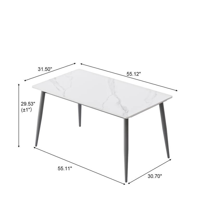 55" Rectangular White Kitchen Dining Room Table with Marble Tabletop and Metal Legs for 4 People