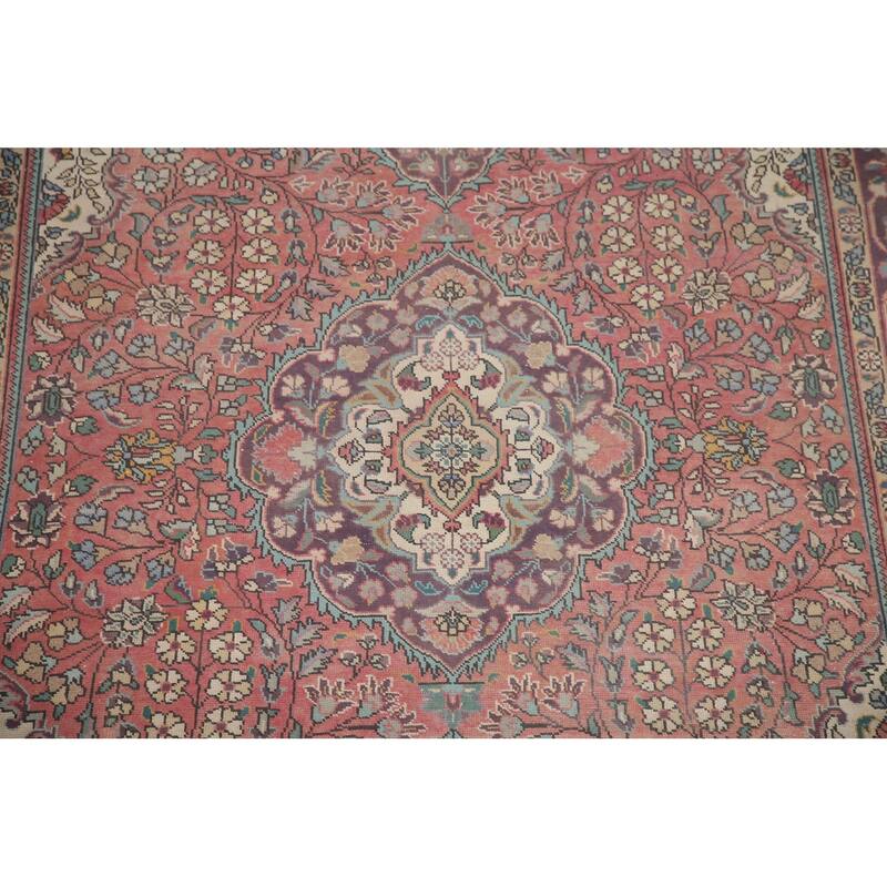 Hand Knotted Oriental 100% Wool Carpet Traditional Floral Pink Tabriz Area Rug - 9' 11'' X 6' 5''