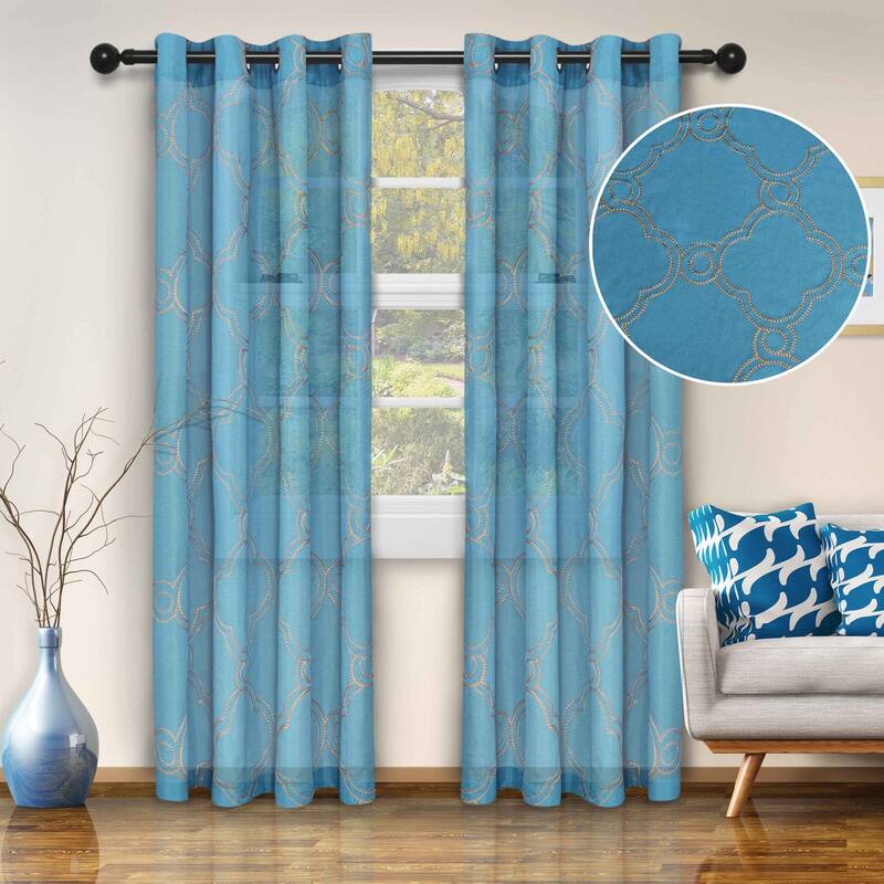 Superior Embroidered Sheer Grommet Curtain Panel (Set of 2) 52"x 84" - Blue - 84 Inches