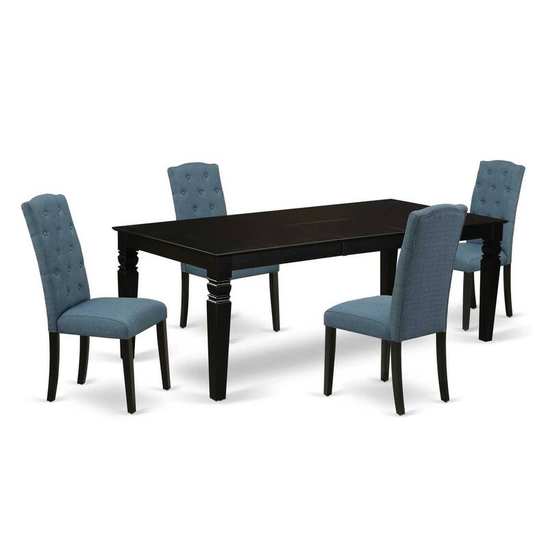 5-Piece Dining Set - Rectangle Table with Leaf & 4 Parsons Chairs - Blue Fabric, Black Finish - 84