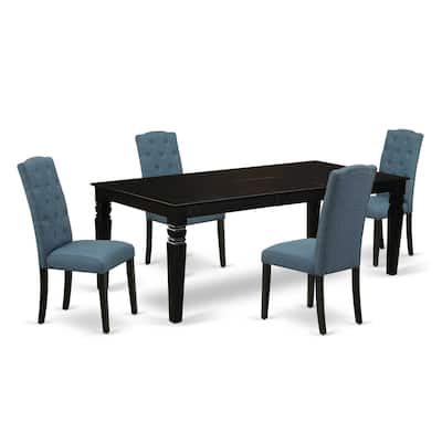 5-Piece Dining Set - Rectangle Table with Leaf & 4 Parsons Chairs - Blue Fabric, Black Finish - 84