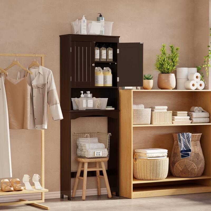 Over The Toilet Storage Cabinet with Adjustable Shelf and Double Doors, Taller Wooden Free Standing Toilet Rack