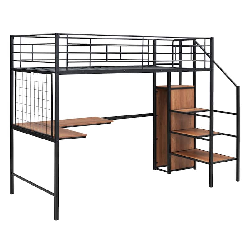 Modern Twin Metal Loft Bed with Storage