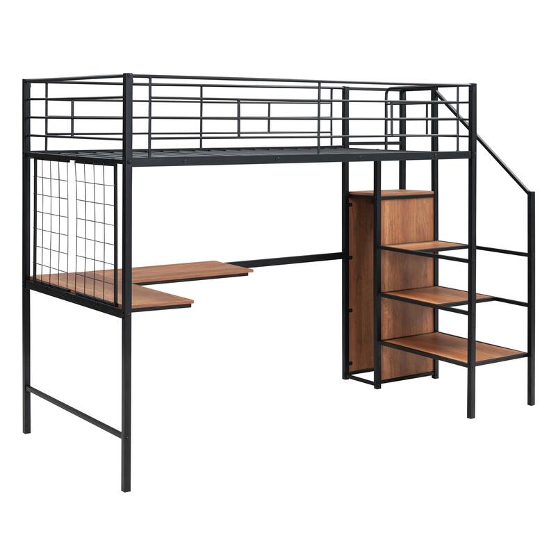 Twin Metal Loft Bed with L-Shaped Desk, Shelves, and Wardrobe Storage