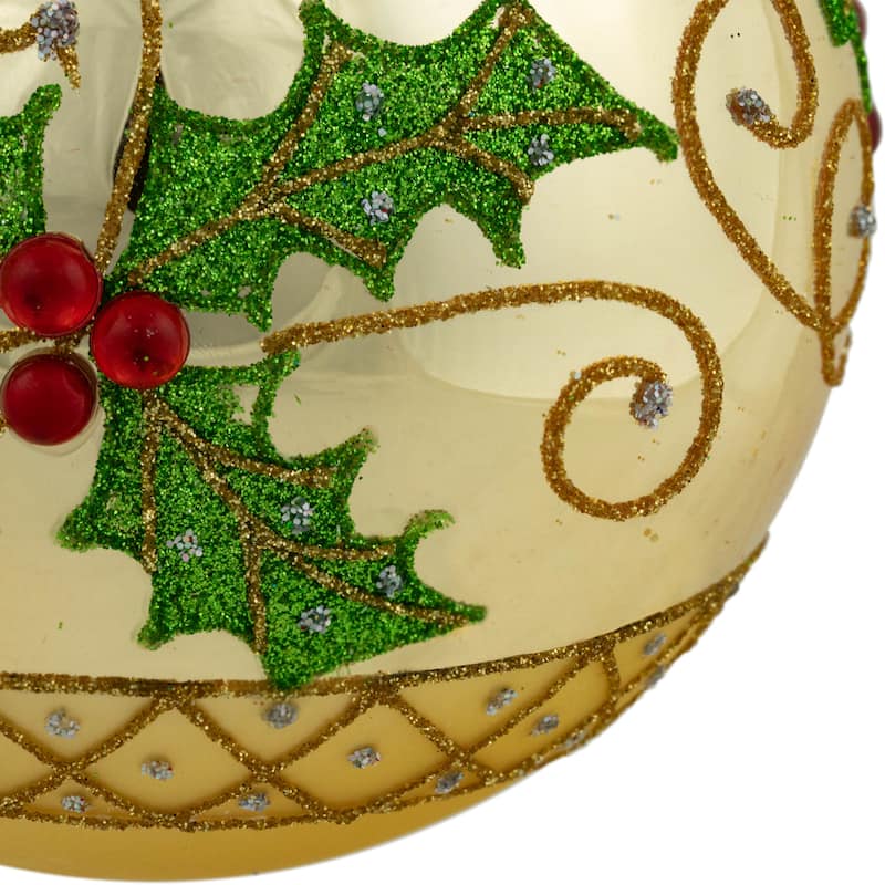 Set of 2 Golden Glittered Holly and Berries Christmas Glass Ball Ornaments 4"