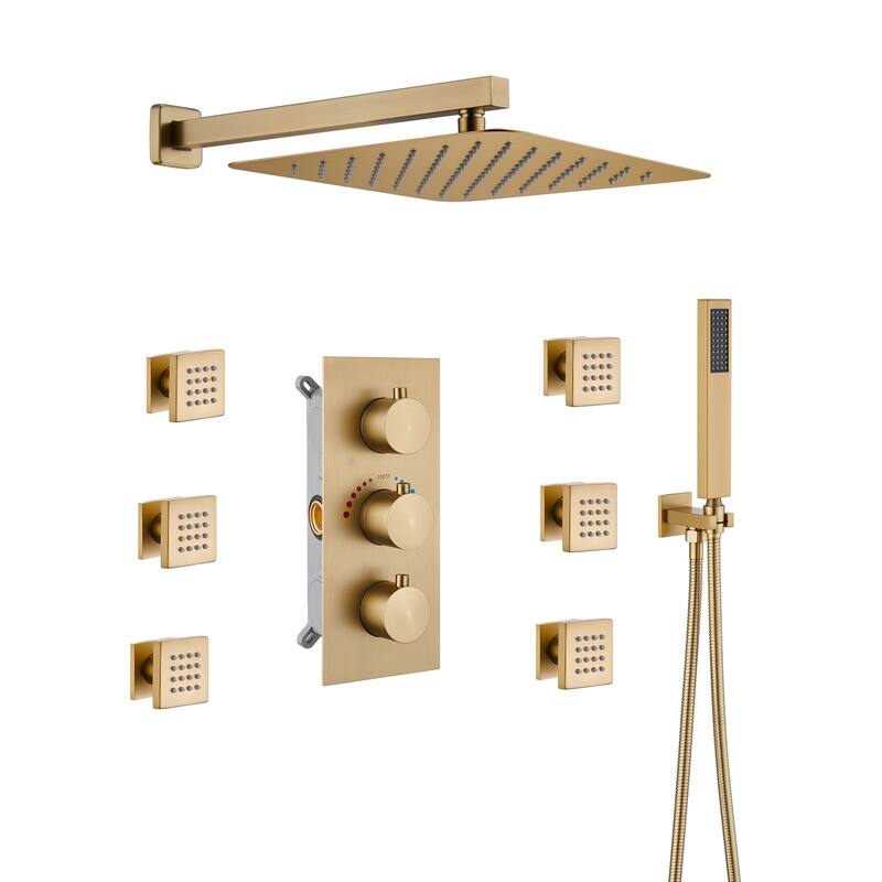 Thermostatic Shower System 3 Functions 12" Wall Mounted Fixed and Handheld Shower Head with 6 Body Jets and Rough-in Valve