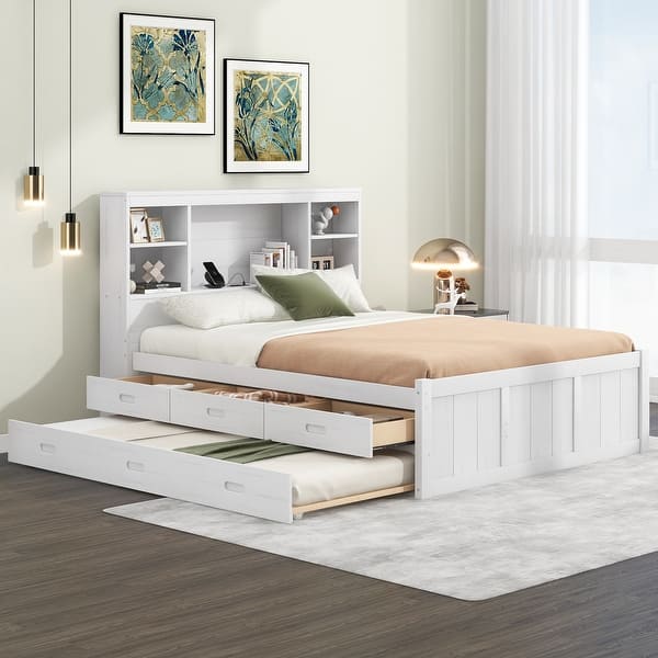 slide 2 of 15, Full Size Platform Bed with Storage Headboard, Trundle, Charging Station, White
