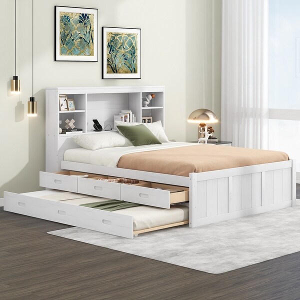 Storage Full White Bed wTrundle 3 Drawers Cabinet Shelf Charging