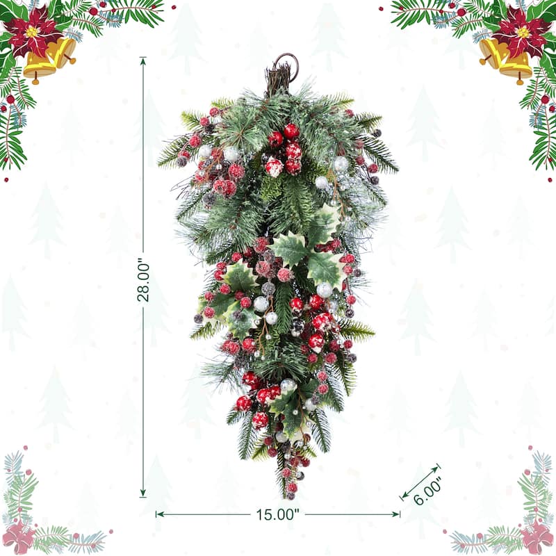 Glitzhome Christmas 5-Piece Set with Berry Leaf Wreath, Teardrop and 4/5ft Potted Trees for Entrance Decoration