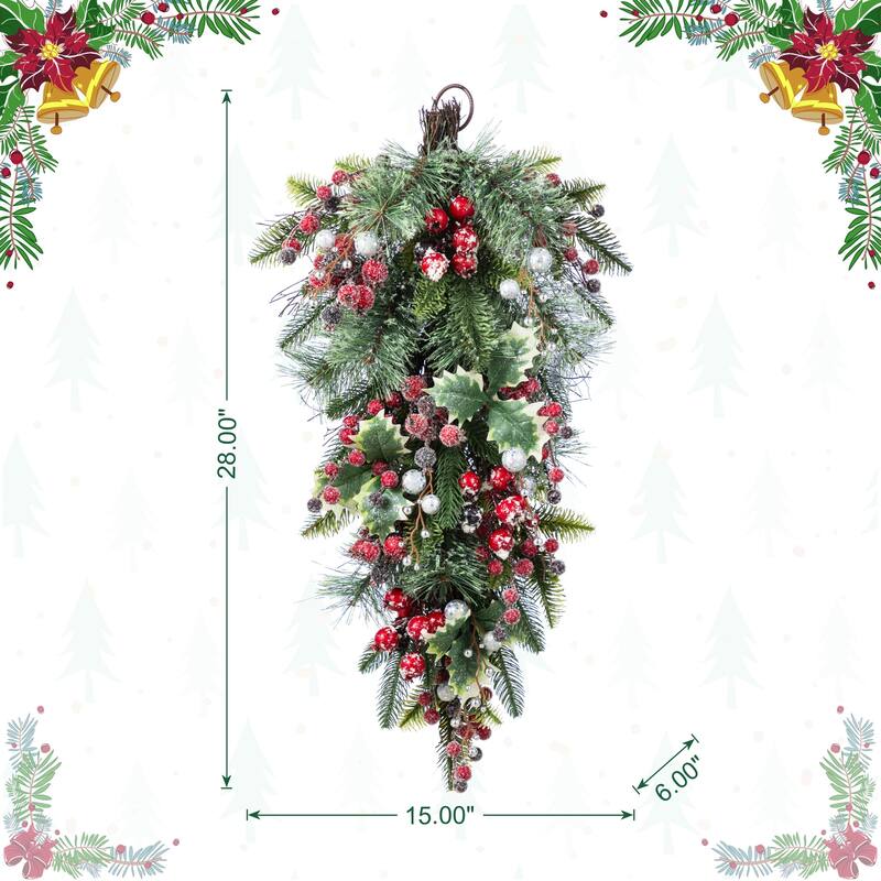 Glitzhome Christmas Berry Bow Pinecone Bell Holy Leaf Teardrop Swag Xmas Wreath