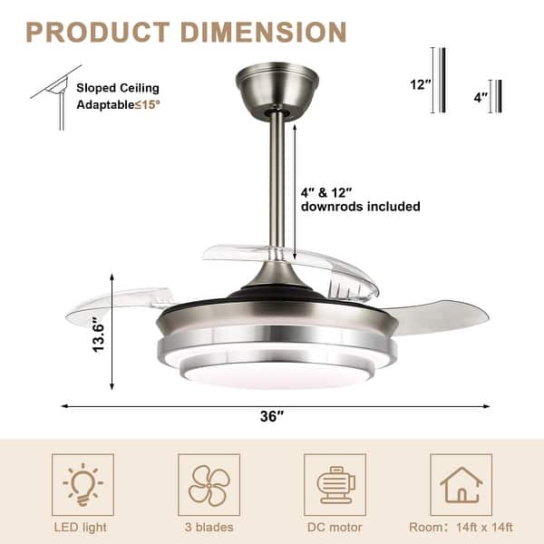 dimension image slide 2 of 8, Bella Depot 36" Modern Retractable Ceiling Fan with Dimmable Led Light, Remote and APP Control 6-Speed Reversible DC Motor